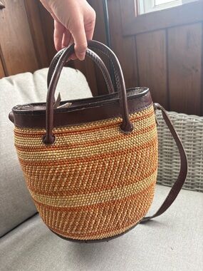 Vintage Orange & Natural Woven Shoulder Bucket Bag with Brown Trim